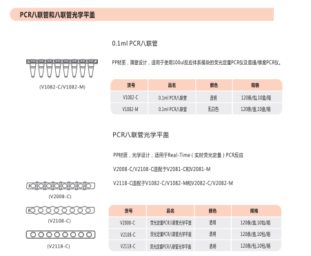 0.1ml/0.2ml低吸附管,八连管透明乳白色V1082-C V1082-M